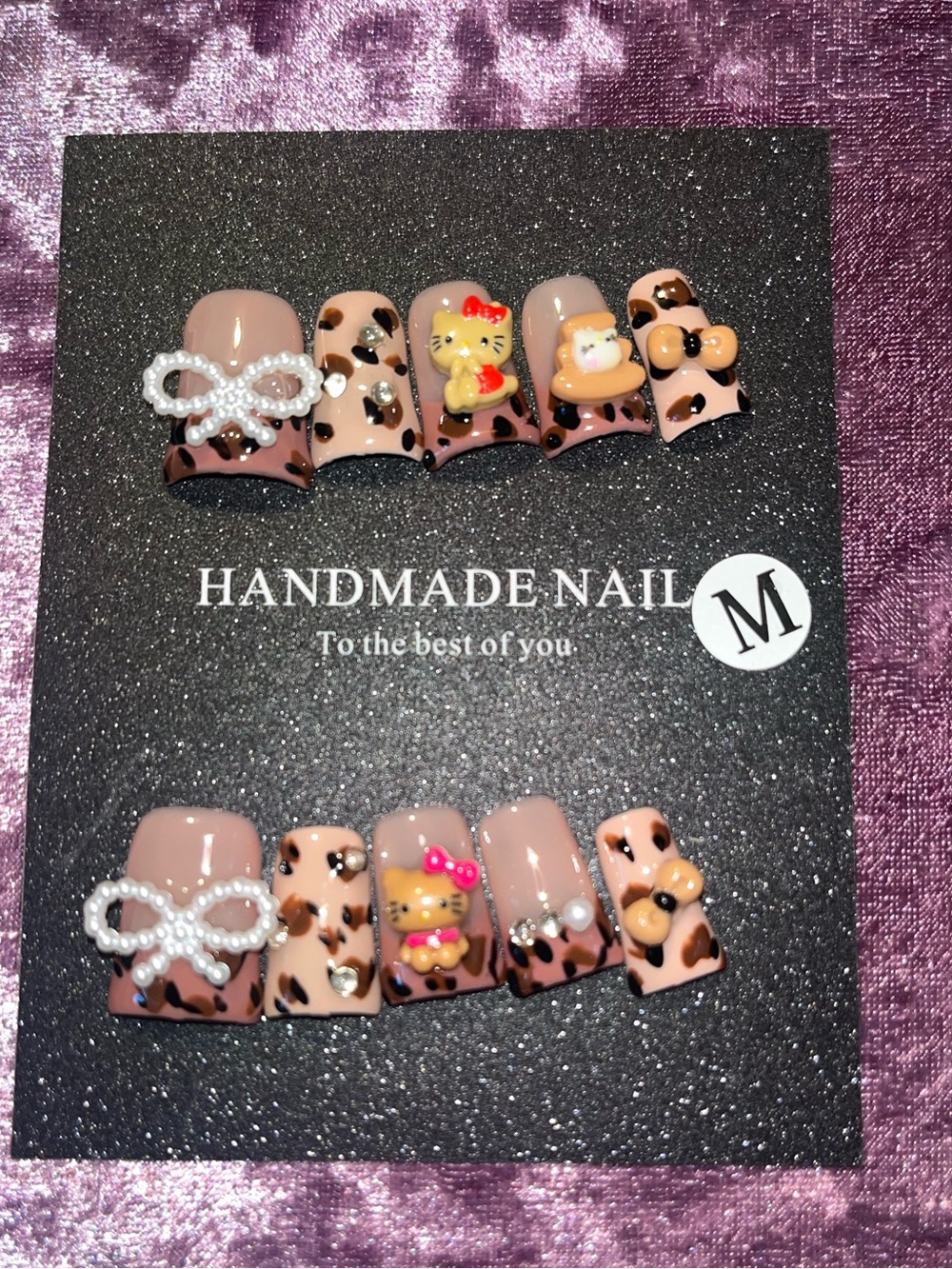 Handmade Leopard Print Press-On Nails with Charms - Pink Beige